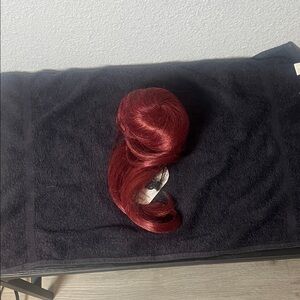 Elegant Red Women's Hairpiece bang and bun combo.